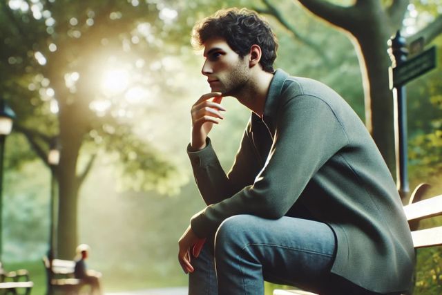 A guy sitting on a beanch wondering about how to use porque in Spanish